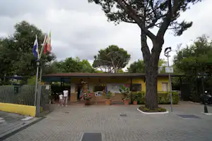 Empfangsgebäude am Campingplatz mit Terrasse, Aushangtafeln und Blumen, große Bäume im Vordergrund und Flaggen am Eingang.