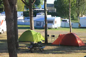 Grüne und rote Zelte auf einem Campingplatz, davor Fahrräder, im Hintergrund Wohnwagen und Bäume.