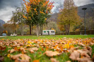 Wohnwagen auf einem Campingplatz am grünen Rasen, im Vordergrund bunte Herbstblätter und Bäume mit Bergen im Hintergrund.