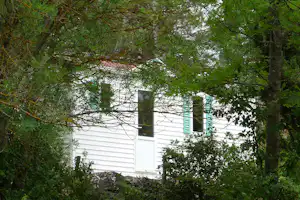 Weißes Gebäude zwischen grünen Bäumen, mit Fenster und hellen Holzverkleidungen, teilweise von Ästen verdeckt.