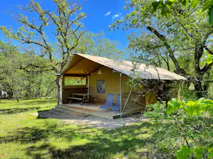 Glamping-Zelt mit Holzplattform und Sitzbank im grünen Obstgarten, umgeben von Bäumen und Rasenfläche.
