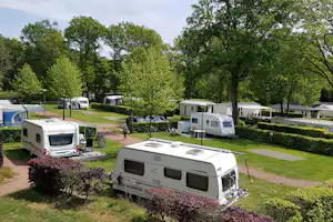 Wohnwagen und Campingbusse auf einem Stellplatz im Campingpark, mit Hecken, Rasenwegen und grünen Bäumen im Hintergrund.
