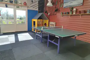 Tischtennisplatte in einem hellen Spielraum im Campinghaus, mit Regalen, Lampen und großen Fenstern zur Terrasse.