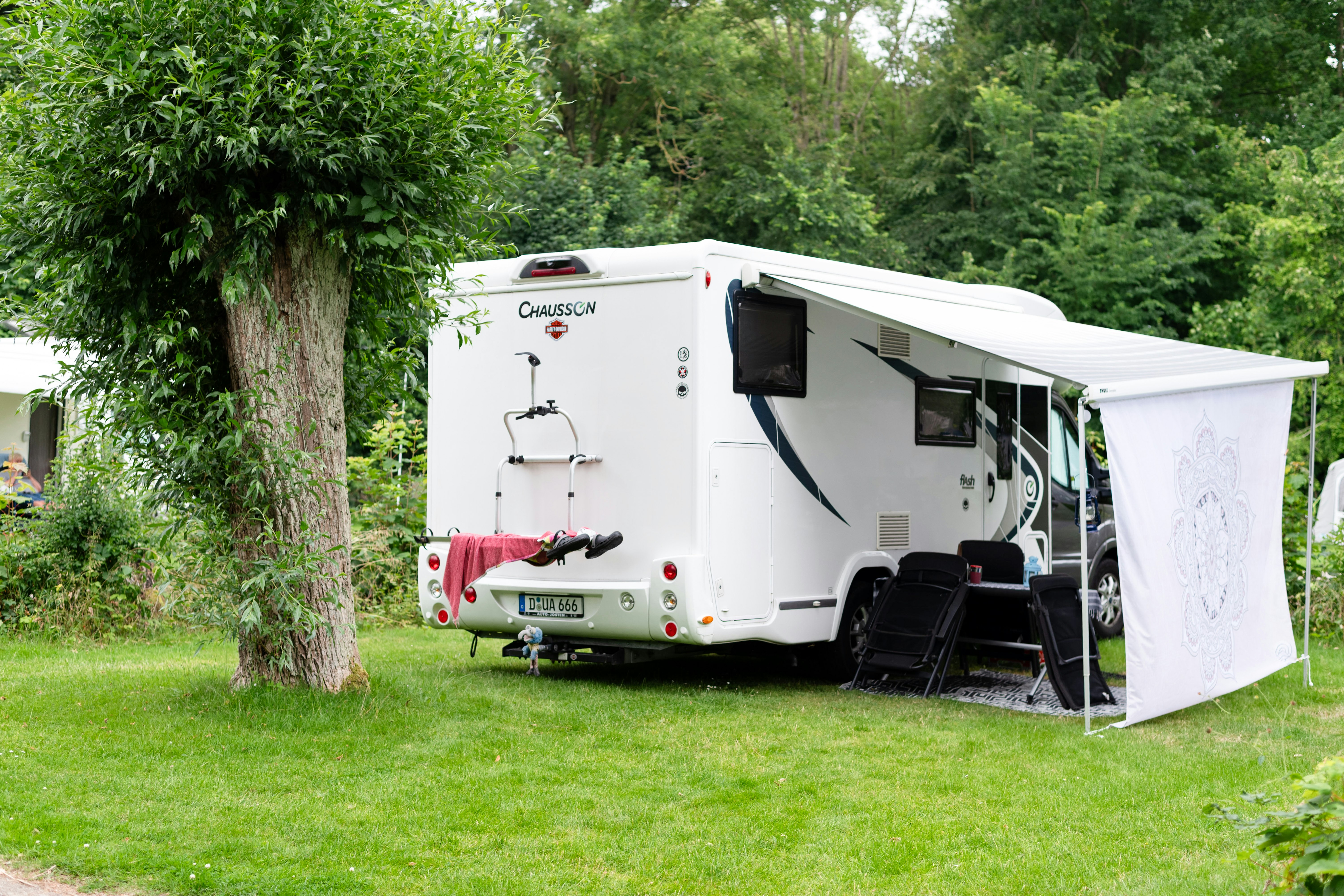 Wohnmobil mit Vorzelt auf einem grünen Campingplatz, neben Bäumen und mit Leiter am Heck.