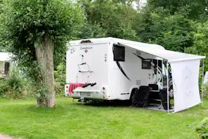 Wohnmobil mit Vorzelt auf einem grünen Campingplatz, neben Bäumen und mit Leiter am Heck.