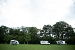 Wohnmobile auf einem Campingplatz auf einer Wiese, im Hintergrund Bäume und ein großer Himmel mit Wolken.