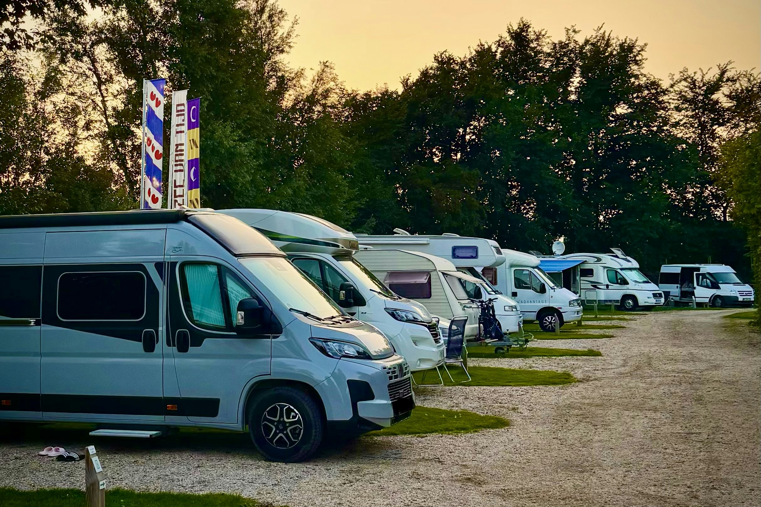 Reihe von Wohnmobilen und Campingbussen auf einem Kiesweg, davor ein Wohnmobil, im Hintergrund weitere Fahrzeuge und Bäume.