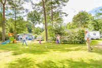 Camping de Haeghehorst - Familie spielt das Kubb-Spiel auf der Spielplatzwiese vom Campingplatz