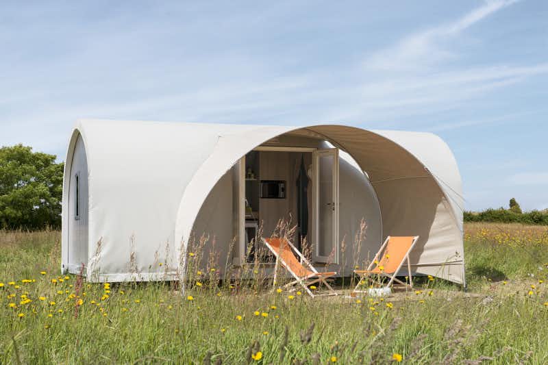 Camping de l' Arquebuse - Mobilheim vom Campingplatz mit Veranda und Liegestühlen auf einer Blumenwiese