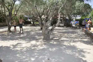 Boule-Platz im Campingbereich mit großen Olivenbäumen, Schatten auf dem Boden und Menschen beim Spiel.