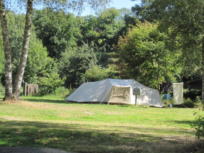 Zelte auf einem Campingplatz im Grünen, mit Grasfläche, Bäumen im Hintergrund und einem kleinen Tisch am Stellplatz.