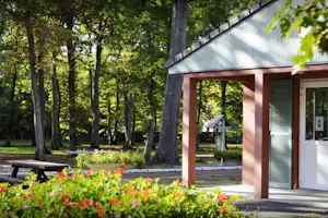 Terrasse eines Campinghauses am Waldrand mit Holzbank, Blumenbeeten und Wegen zwischen Bäumen.