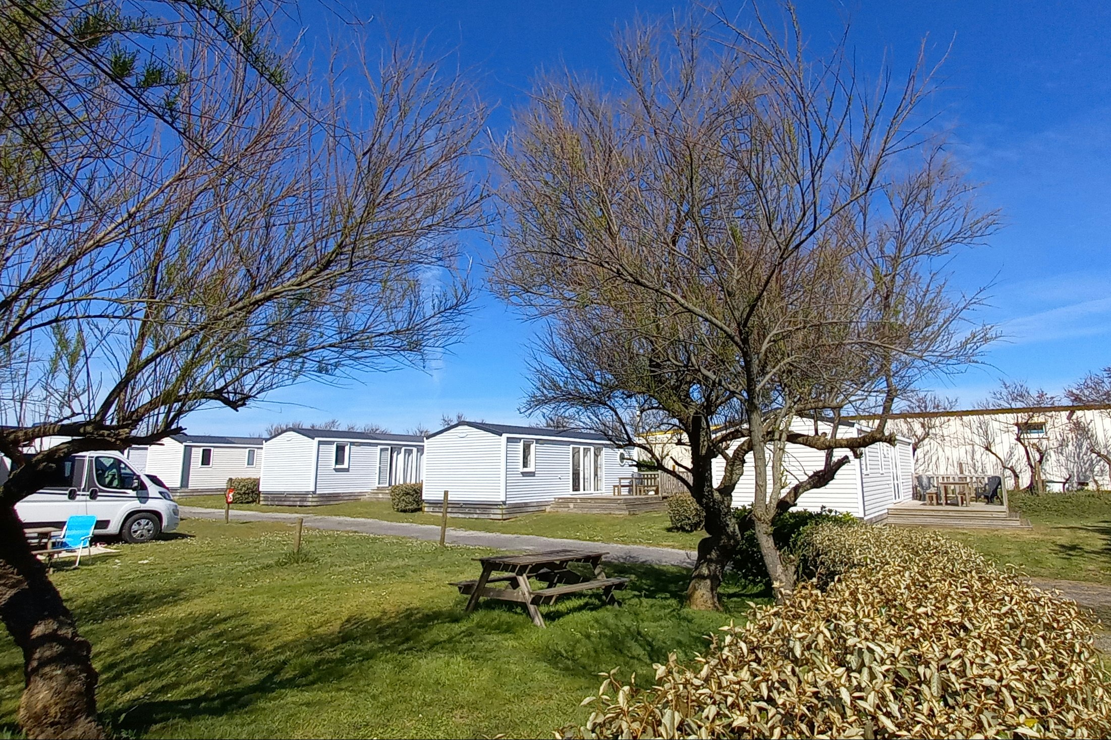 Wohnwagen und Stellplätze auf einem Campingplatz, Rasenfläche mit Bäumen und Hecke, im Hintergrund weiße Gebäude und Fahrzeuge.