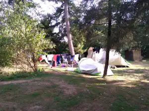 Campingzelt im Grünen zwischen Bäumen, daneben Sitz- und Tischbereich mit Wäscheleine auf dem Stellplatz.
