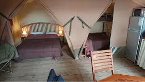Zeltunterkunft mit zwei Betten, Holzfußboden und Nachttischen; daneben ein Holzstuhl und ein Kühlschrank im Innenbereich.