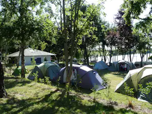 Zelte auf einer Wiese im Campingplatz, umgeben von Bäumen, mit einem kleinen Gebäude im Hintergrund.