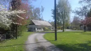 Weg im Campinggelände mit Rasen, Bäumen und einem kleinen Gebäude mit Satteldach im Hintergrund.
