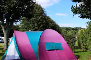 Buntes Zelt auf einem Campingplatz mit Rasen, Bäumen und Hecken im Hintergrund.