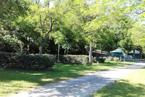 Grünes Campinggelände mit Rasen, Bäumen und Hecken; im Hintergrund ein Zaun und ein Zeltunterstand neben dem Weg.