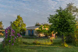 Campinggarten mit Rasen, Bäumen und lila Blüten; im Hintergrund ein Gebäude und ein Zaun entlang des Weges.