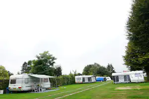 Mehrere Wohnwagen auf einer grünen Campingwiese, mit Bäumen am Rand und einem Weg zwischen den Stellplätzen.