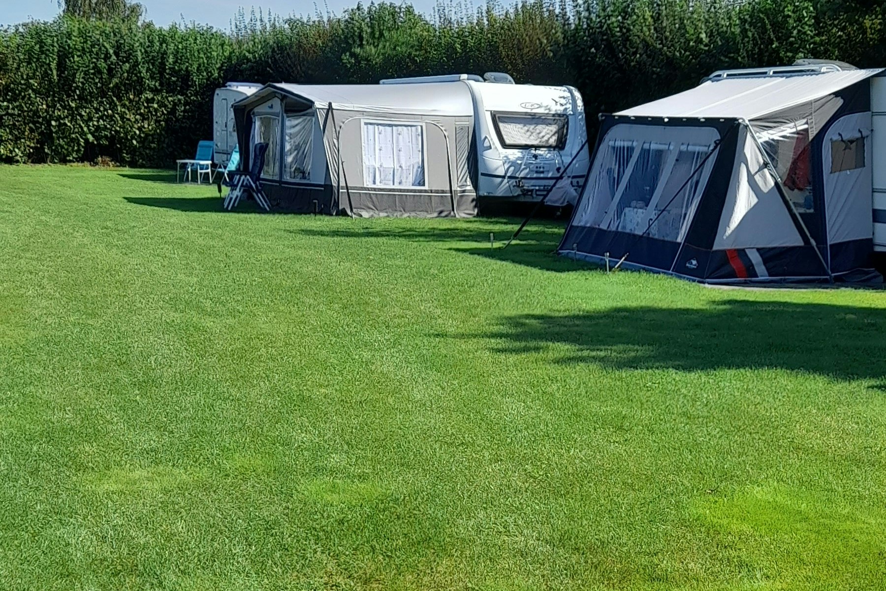 Campingzelte und Wohnwagen auf einem gepflegten Rasen, mit Hecken im Hintergrund und Sonnenschirmen am Zeltbereich.