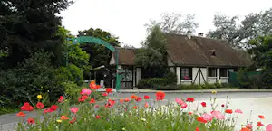 Blumenbeet mit roten Blüten vor einem Campingplatz-Gebäude, dahinter Bäume und ein Weg entlang der Anlage.