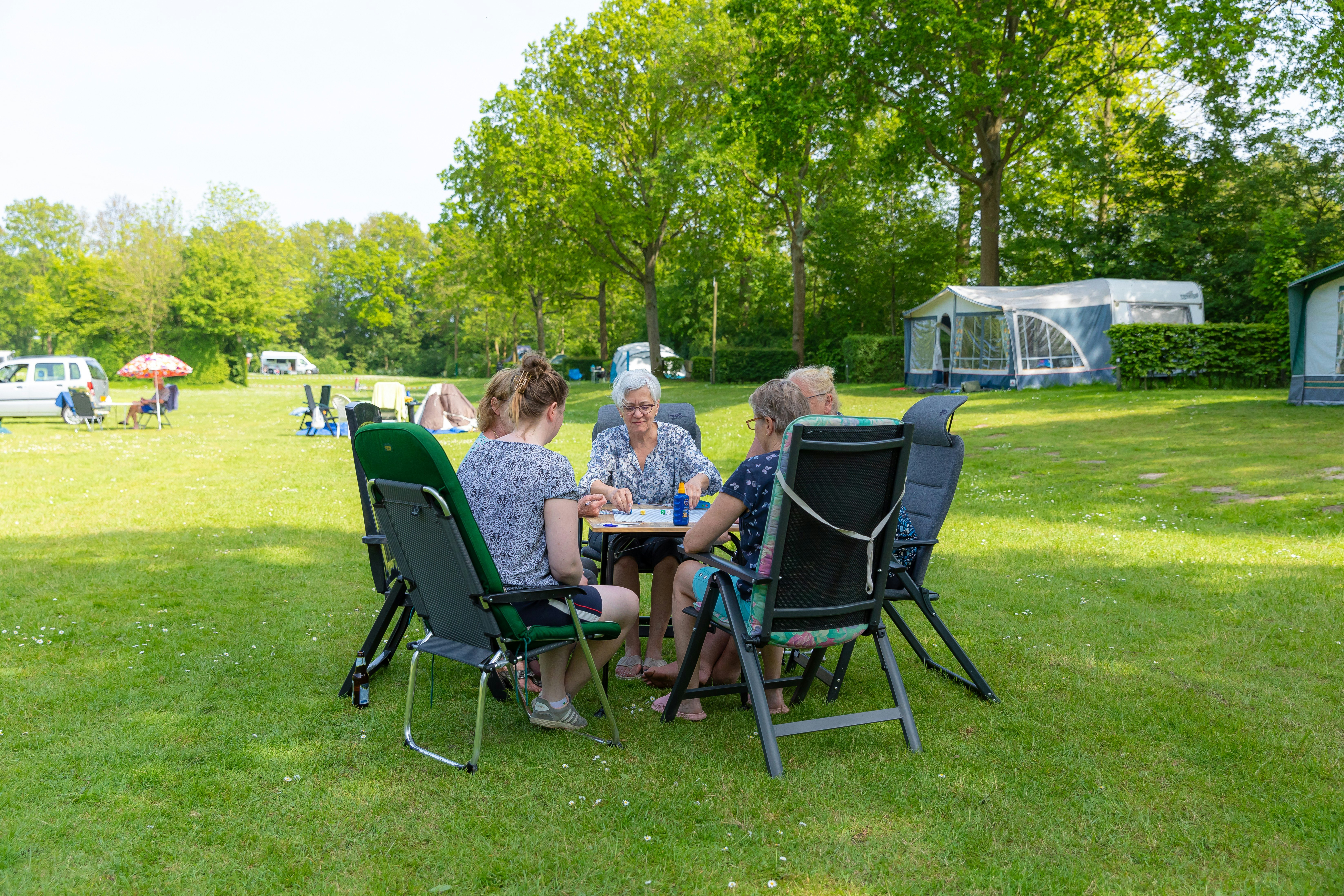 Camping De Vierbannen - Camper sitzen gemeinsam auf der Standplatzwiese