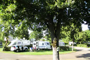 Wohnmobile und ein Auto auf einem Campingplatz, mit Rasenflächen, Hecken und Bäumen entlang eines breiten Weges.