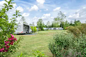 Wohnmobil auf dem Campingplatz, umgeben von Rasen, Büschen und Bäumen, im Hintergrund weitere Stellplätze und Zelte.