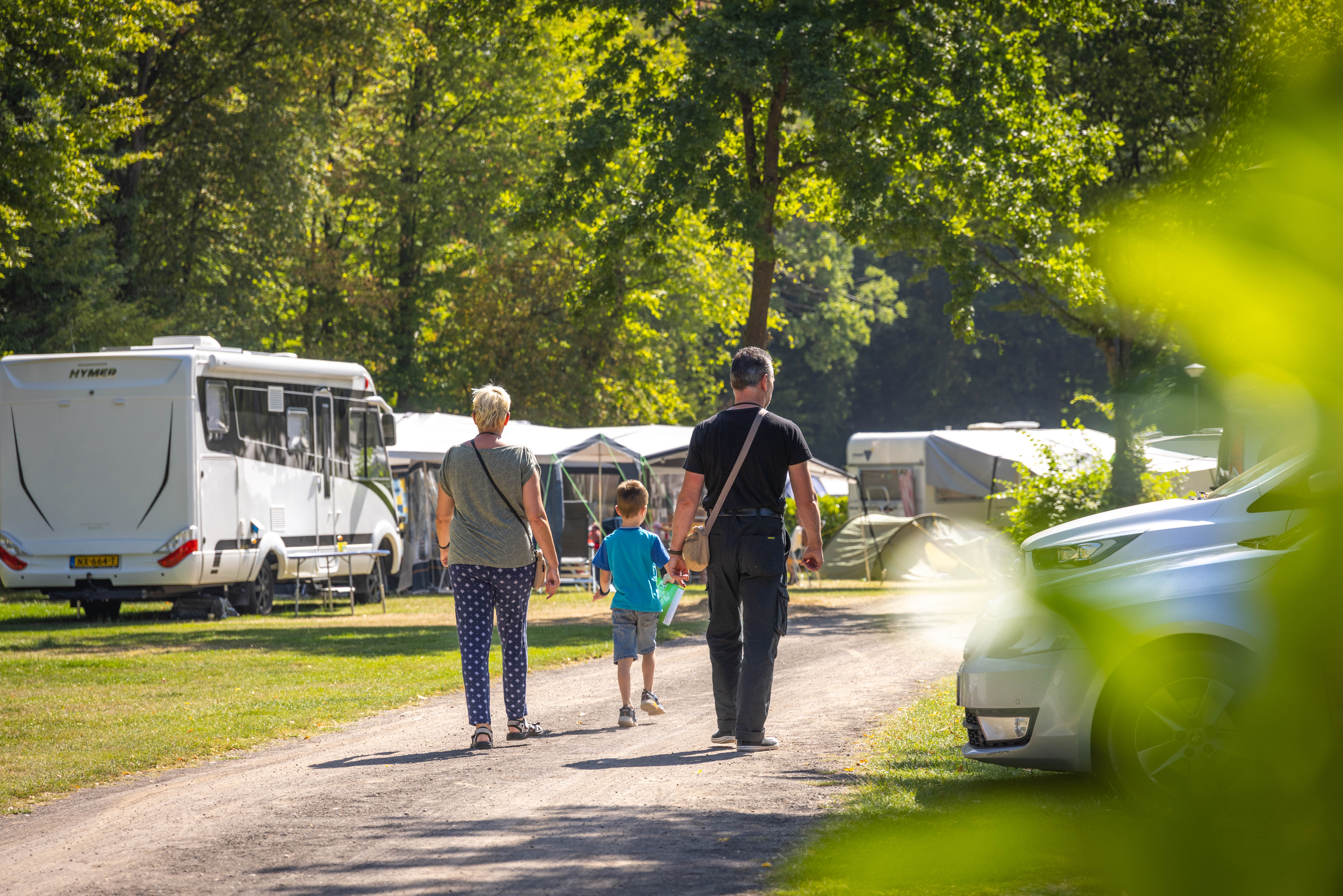 Wohnmobile und Campingfahrzeuge stehen am Weg im Grünen, im Hintergrund Zelte und Bäume.