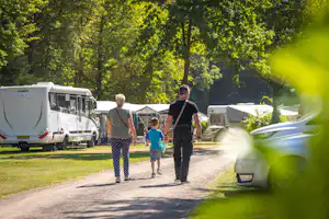 Wohnmobile und Campingfahrzeuge stehen am Weg im Grünen, im Hintergrund Zelte und Bäume.