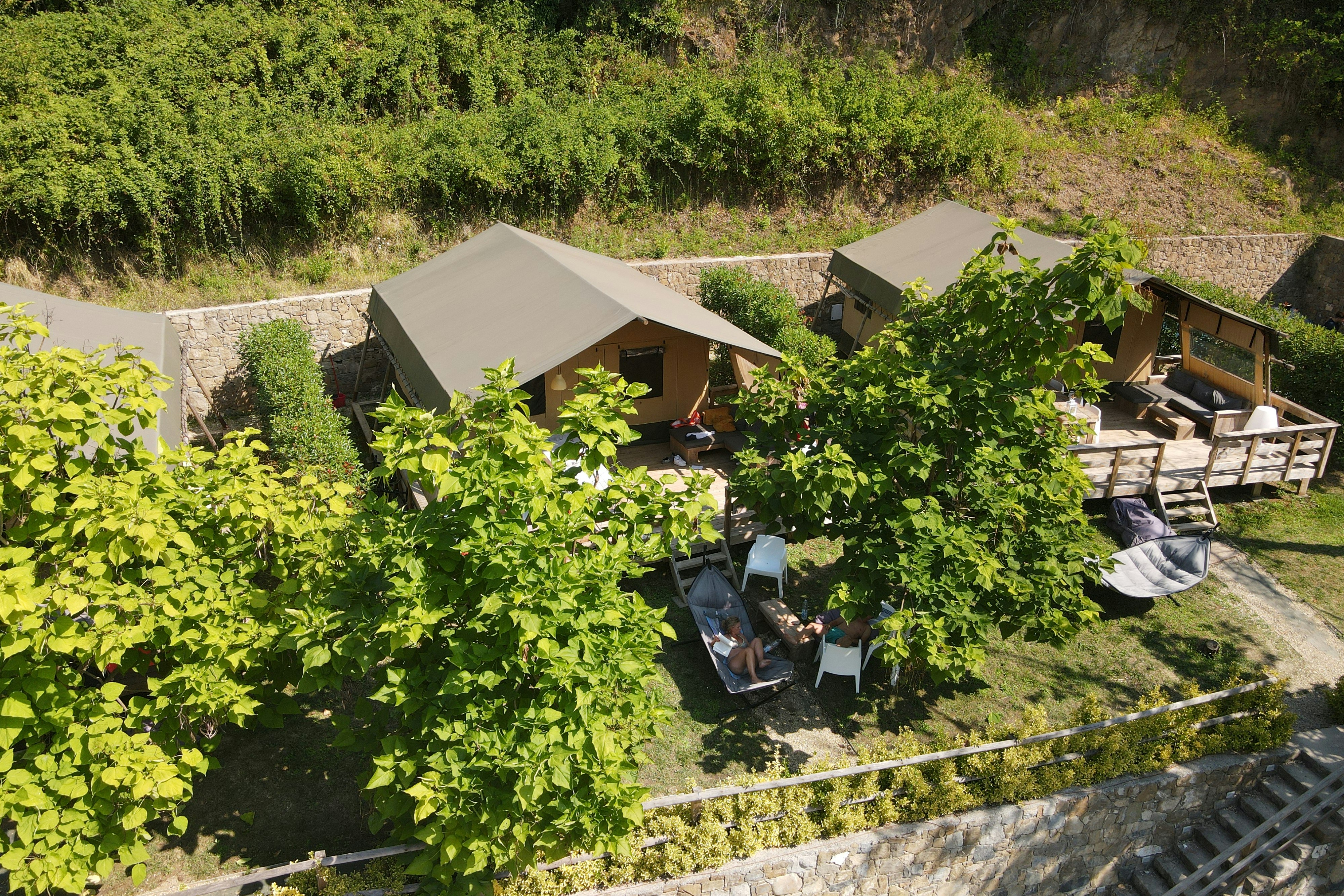Zelt und Holzhütten auf einem Campingplatz am Hang, umgeben von Weinreben, mit Sitzbereich und Wegen zwischen den Unterkünften.