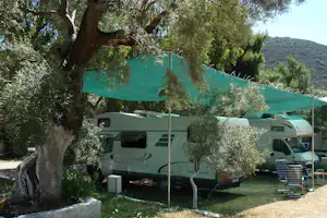 Wohnmobil zwischen Olivenbäumen, grüne Markise über dem Stellplatz und Campingstühle im Schatten.