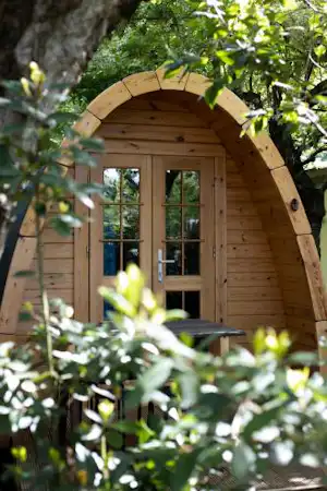 Holzsauna mit Rundbogen-Eingang und Fenstern im Grünen, umgeben von Bäumen und Sträuchern.