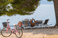 Camping Dole - Gäste entspannen im Schatten am Strand mit Blick auf das Meer