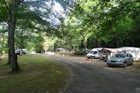 Camping Domaine de Forges - Strasse auf dem Campingplatz mit Stellplätzen an der Seite