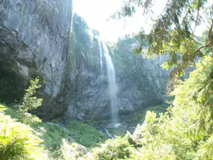 Ein Wasserfall stürzt in ein grünes Tal, umgeben von Felsen und dichtem Baum- und Buschwerk.