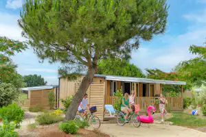 Holz-Bungalow auf dem Campingplatz mit Veranda, Fahrrädern und Sonnenschirm, im Vordergrund ein großer Baum.