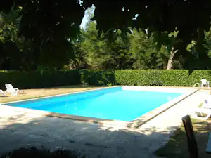 Blauer Camping-Pool mit Liegen am Rand, umgeben von Hecken und Bäumen im grünen Garten.