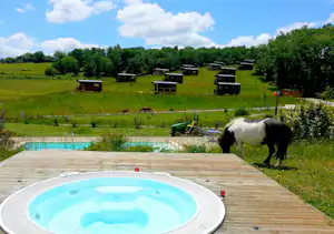 Holzterrasse mit Whirlpool, im Hintergrund grüne Wiese, mehrere kleine Unterkünfte und Bäume.