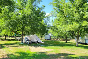 Zelt auf dem Campingplatz im Grünen unter hohen Bäumen, daneben Gartenmöbel und ein weiteres Wohnmobil-Gebäude.