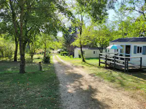 Campingweg zwischen Bäumen, rechts ein Wohnwagen mit Veranda und Geländer, im Hintergrund weitere Gebäude.
