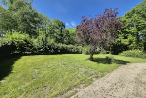 Grünes Campinggrundstück mit Rasenfläche, gepflastertem Weg und Bäumen im Hintergrund unter klarem Himmel.