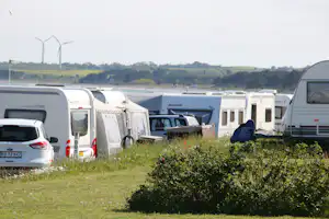 Camping Dråby Strand - Wohnwagen und Wohnmobile auf dem Stellplatz vom Campingplatz im Grünen