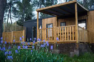 Holzunterkunft mit Veranda, Geländer und Stufen, im Vordergrund blaue Blumen und grünes Gras im Campingbereich.