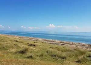 Weite Dünenlandschaft mit Gras, Blick auf das Meer und den Küstenstreifen am Horizont.