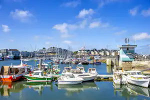 Hafen mit vielen Segelbooten und Stegen, ruhiges Wasser, daneben Häuser und ein grünes Gebäude am Ufer.