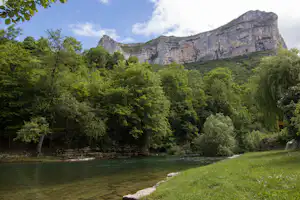 Ruhiger Fluss am grünen Ufer mit Gras, Bäumen und einer hohen Felswand im Hintergrund.