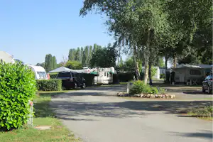 Campingplatz-Allee mit Wohnwagen und Autos, Bäume und Hecken am Wegesrand, Stellplätze entlang der Straße.